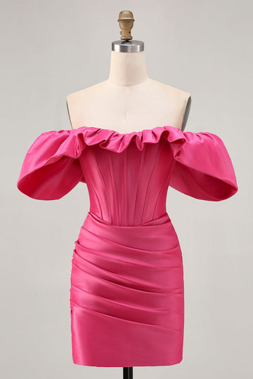 Satin Off The Shoulder Fuchsia Ruffled Tight Homecoming Dress